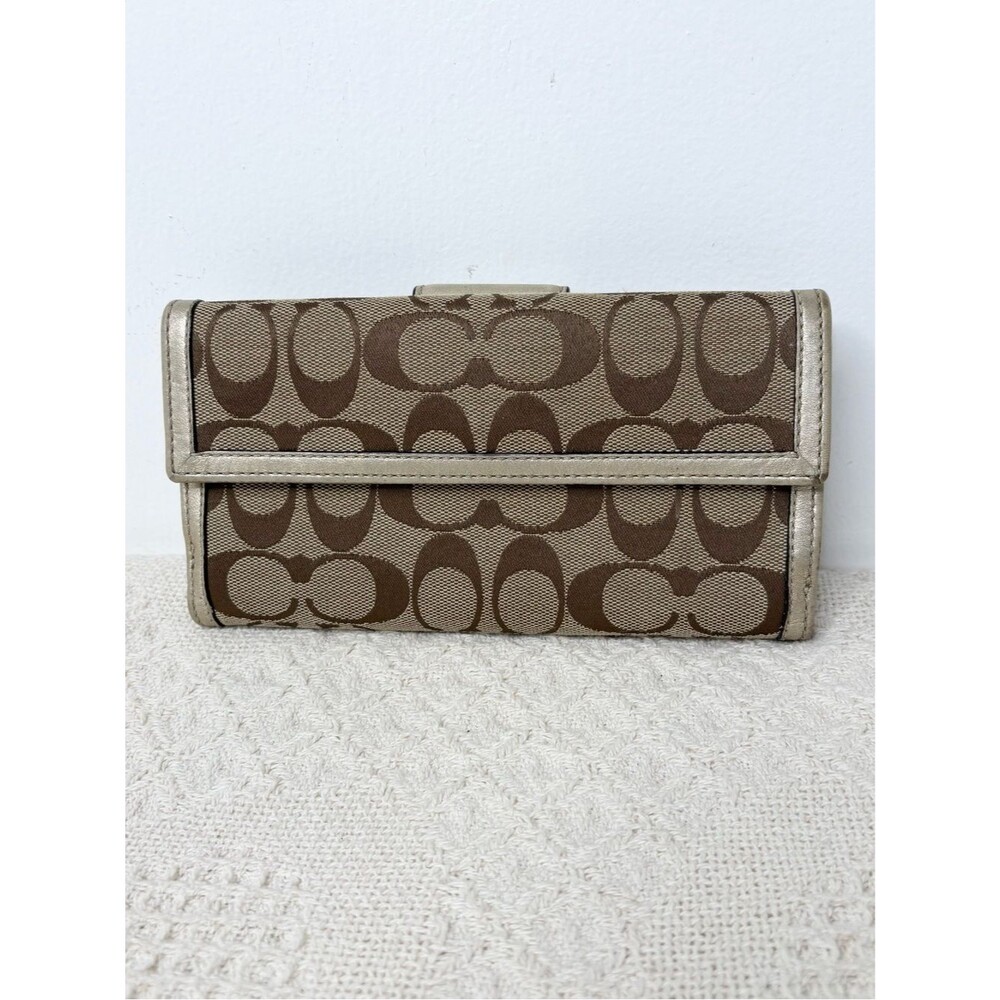Coach Gold Signature Turnlock Wallet F43609 Khaki Metallic Long Clutch - Picture 4 of 7